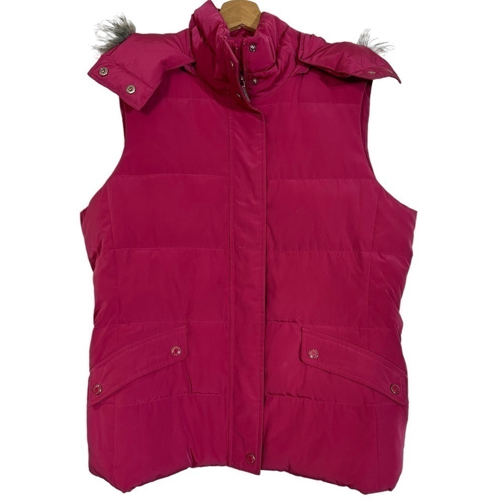 Talbots Pink Rose Duck Down Puffer Vest Removable Hood Faux Fur